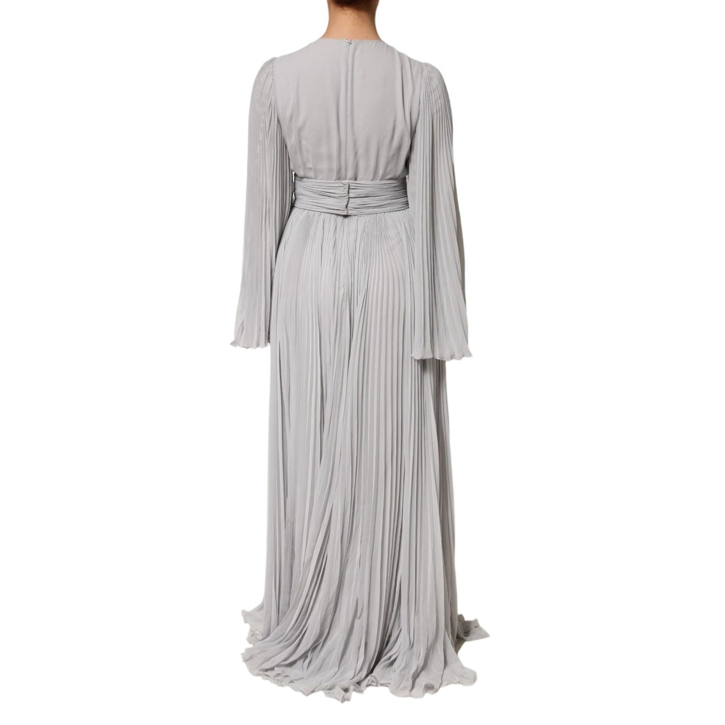 Dolce & Gabbana Grey Pleated Maxi Long Sleeve Silk Blend Gown Dress