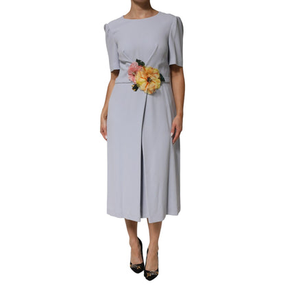 Dolce & Gabbana Light Blue Viscose Blend Floral Applique Dress