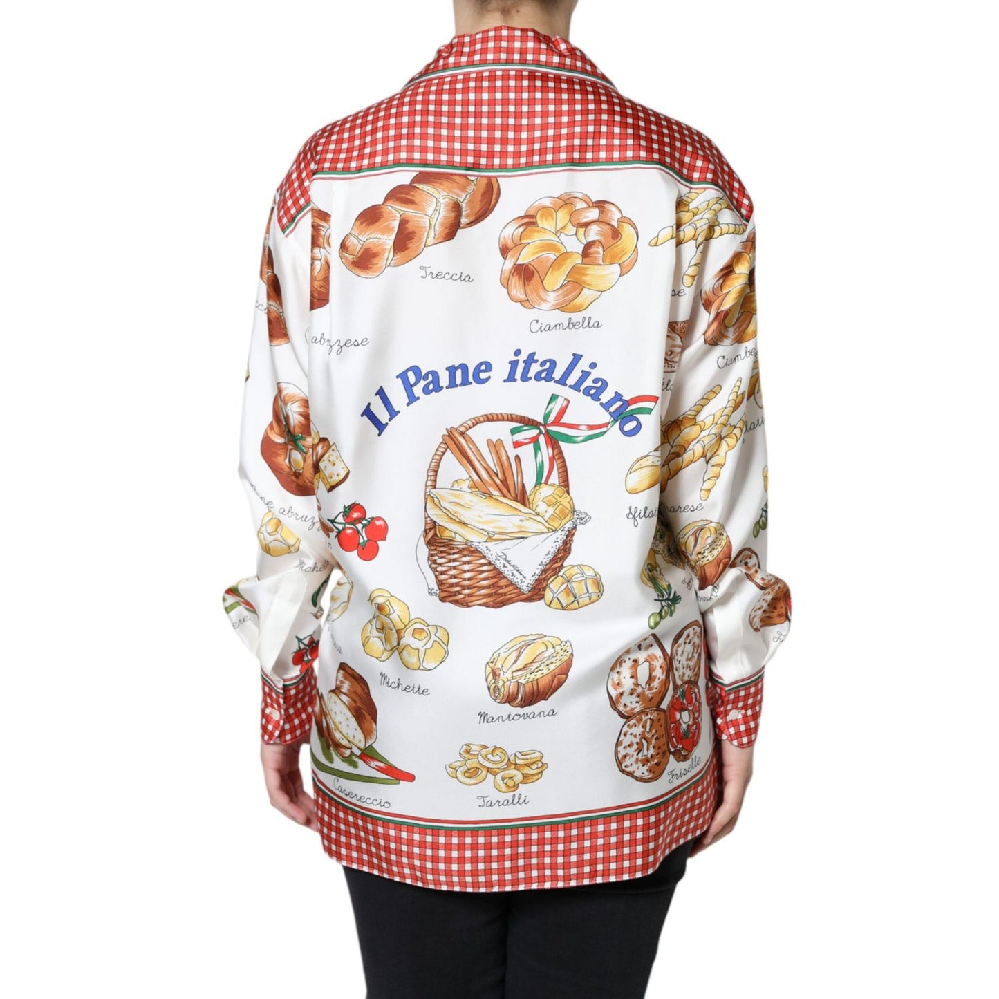 Dolce & Gabbana Multicolor Bread Print Collared Blouse Top 1728,67345645728,Blouses - Shirts - Clothing,Clothing,Dolce & Gabbana,IT44 | L,Material: 100% Silk,Multicolor,Preowned / Defect,Shirts - Clothing,Tops & T-Shirts - Women - Clothing,Women