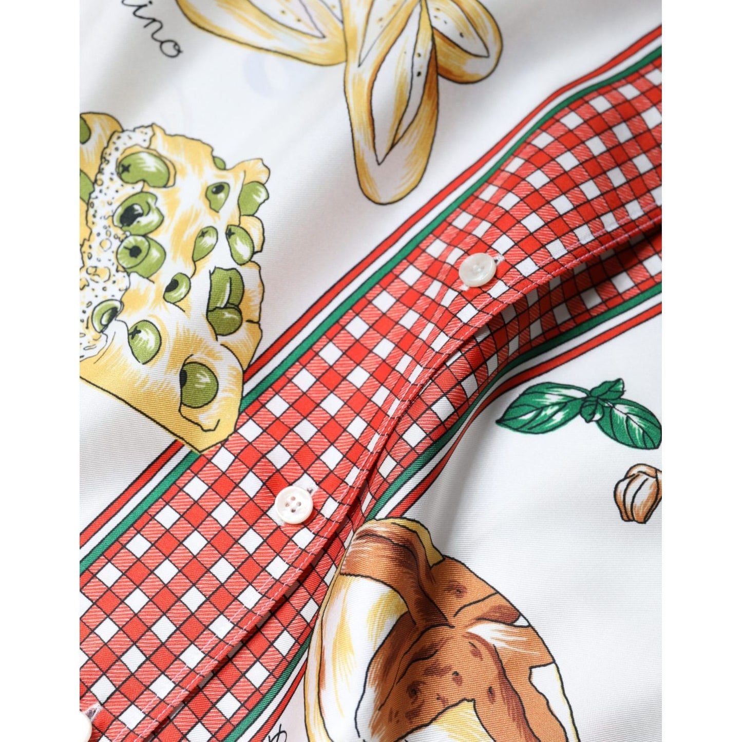 Dolce & Gabbana Multicolor Bread Print Collared Blouse Top 1728,67345645728,Blouses - Shirts - Clothing,Clothing,Dolce & Gabbana,IT44 | L,Material: 100% Silk,Multicolor,Preowned / Defect,Shirts - Clothing,Tops & T-Shirts - Women - Clothing,Women