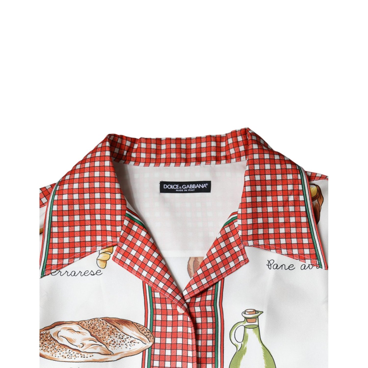 Dolce & Gabbana Multicolor Bread Print Collared Blouse Top 1728,67345645728,Blouses - Shirts - Clothing,Clothing,Dolce & Gabbana,IT44 | L,Material: 100% Silk,Multicolor,Preowned / Defect,Shirts - Clothing,Tops & T-Shirts - Women - Clothing,Women
