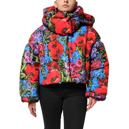 Dolce & Gabbana Multicolor Floral Hooded Puffer Coat Jacket