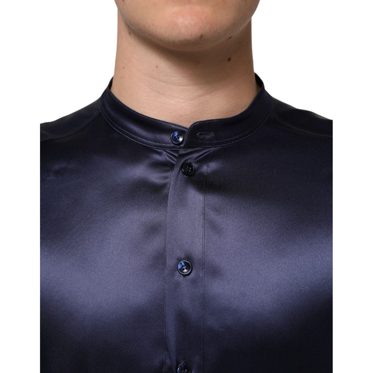 Dolce & Gabbana Navy Silk Long Sleeve Mandarin Collar Shirt