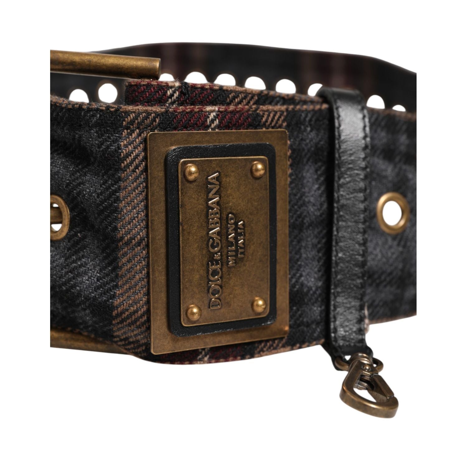 Dolce & Gabbana Plaid Fabric Logo Plate Brass Buckle Belt