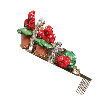 Dolce & Gabbana Red Floral Flowerpot Crystal Gold Crown Tiara Headband