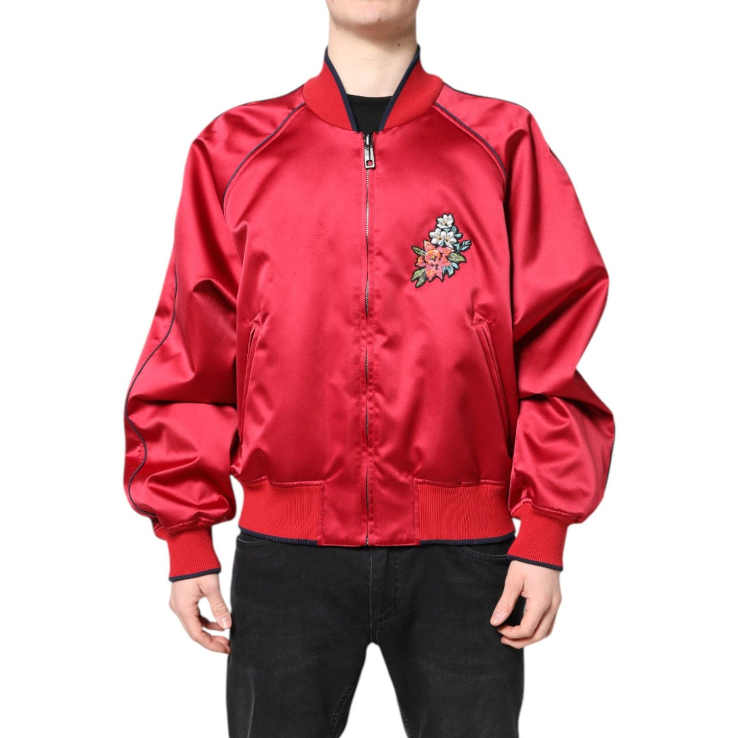Dolce & Gabbana Red Floral Patch Full Zip Men Bomber Jacket