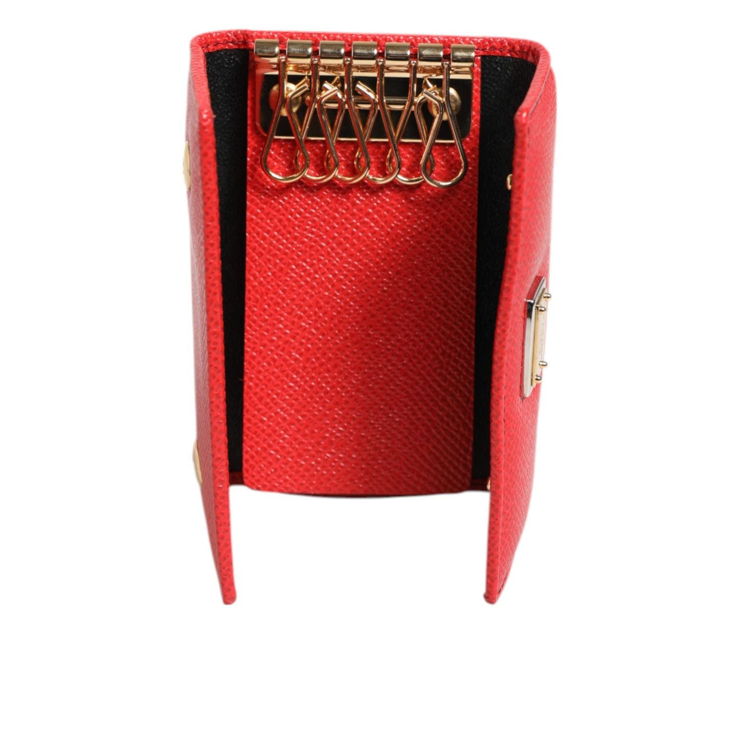 Dolce & Gabbana Red Leather Silver Metal Logo Plaque Trifold  Key Holder