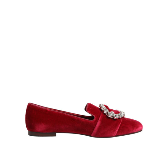Dolce & Gabbana Red Velvet Crystal Buckle Loafers Flats Shoes