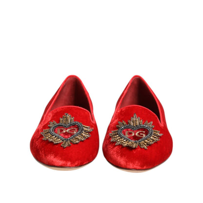 Dolce & Gabbana Red Velvet DG Heart Loafers Flat Shoes