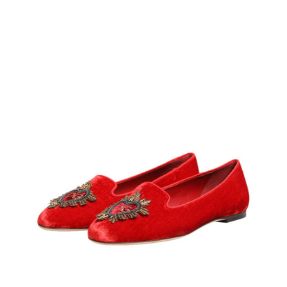 Dolce & Gabbana Red Velvet DG Heart Loafers Flats Shoes