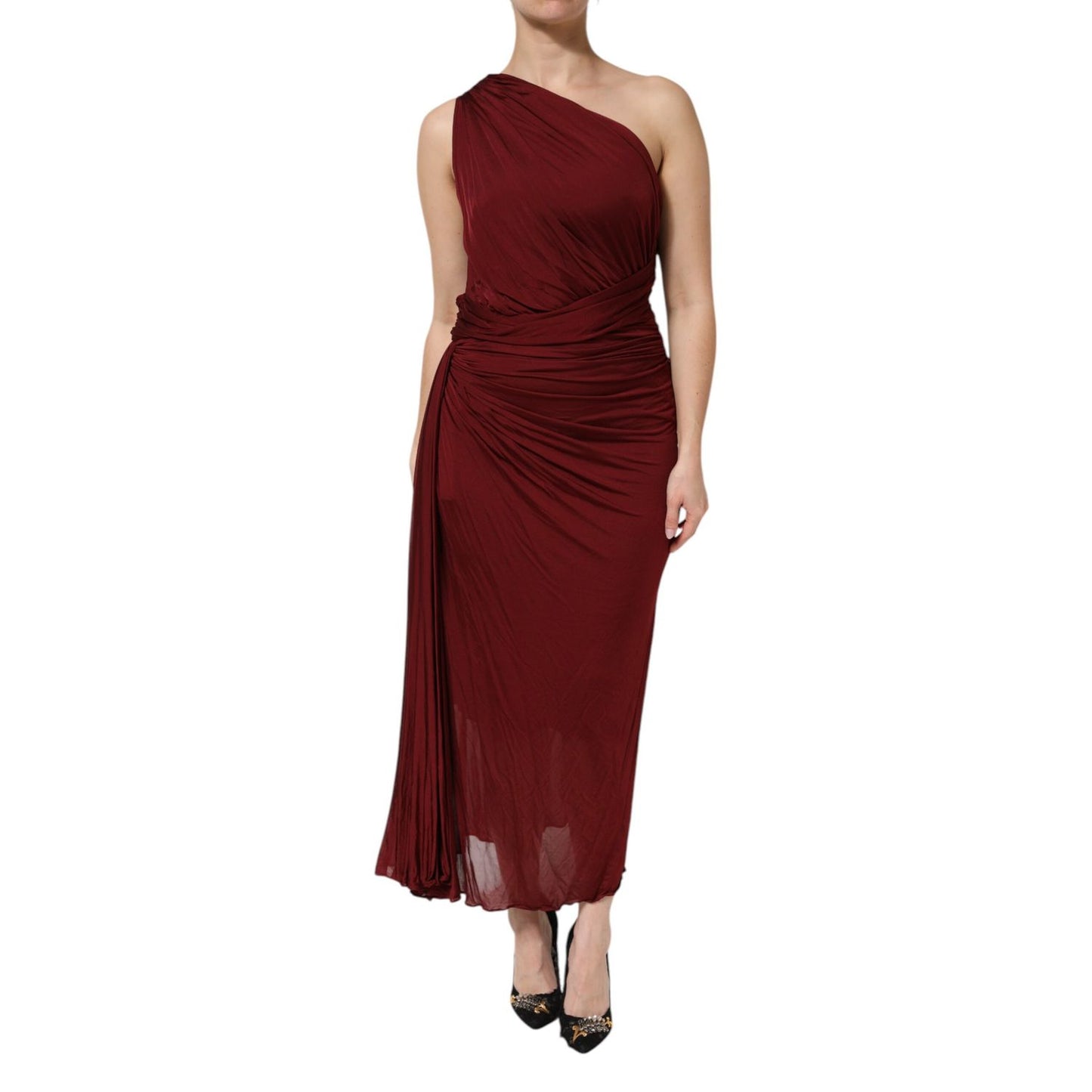 Dolce & Gabbana Red Viscose Fitted One Shoulder Midi Dress