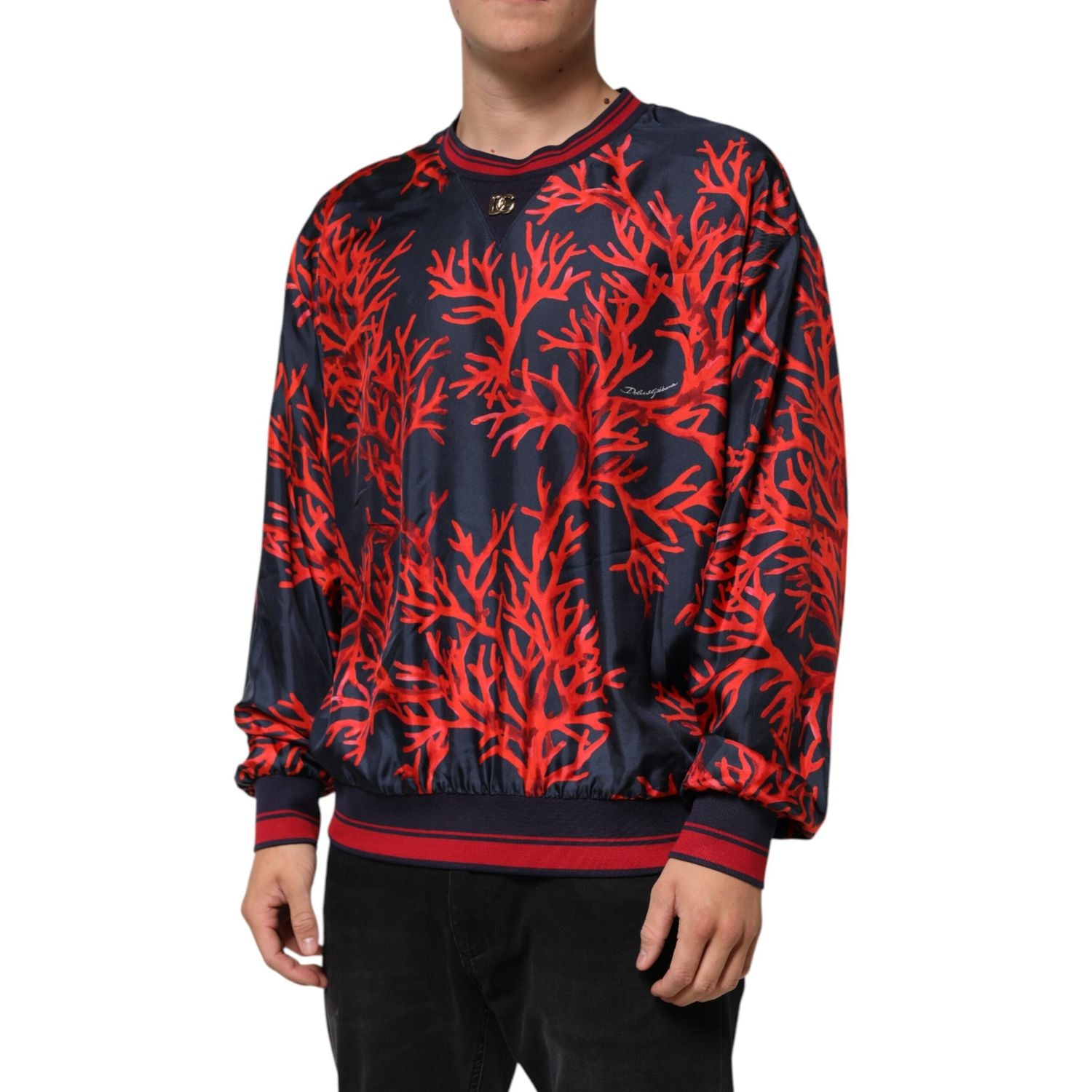 Dolce & Gabbana Silk Navy Red Coral Print Pullover Sweater