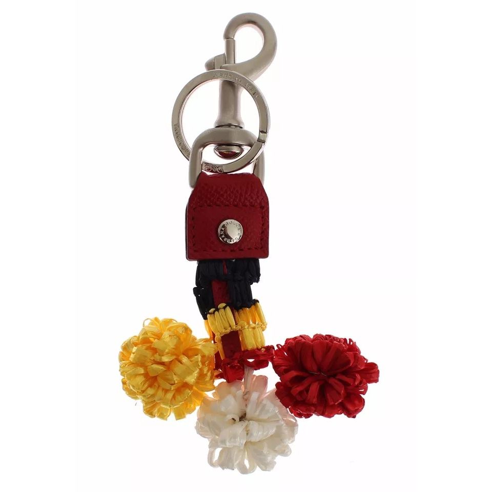 Dolce & Gabbana Silver Brown Raffia Leather Clasp Finder Chain Keyring