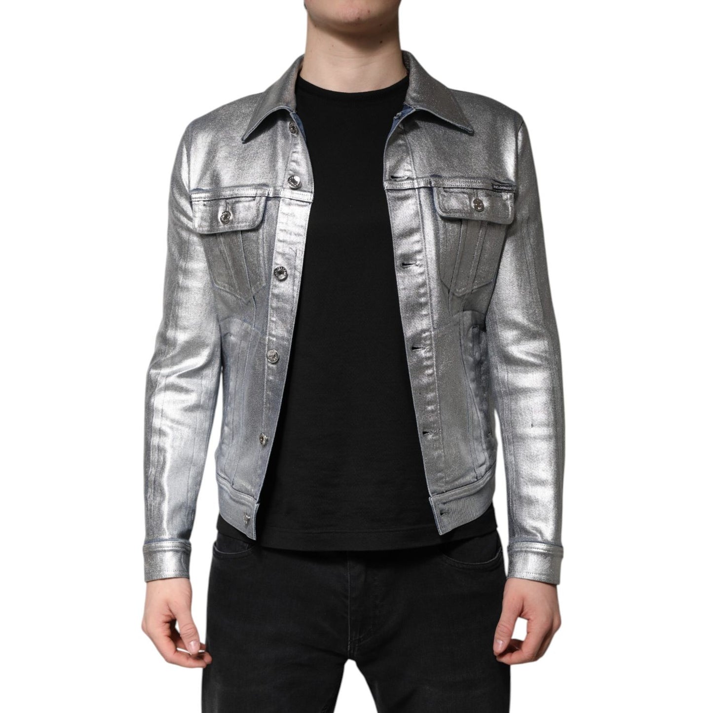 Dolce & Gabbana Silver Cotton Button Down Denim Biker Jacket