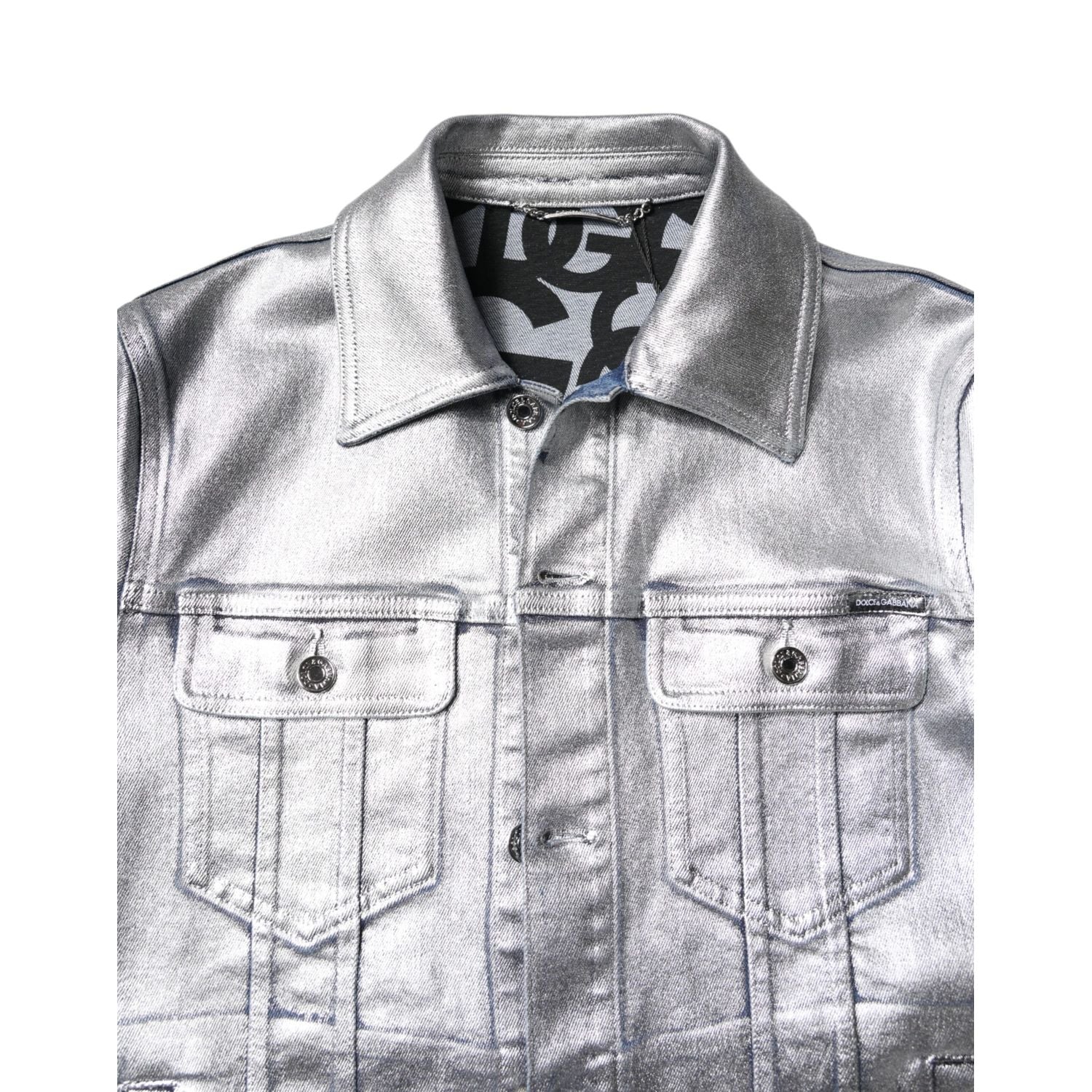 Dolce & Gabbana Silver Cotton Button Down Denim Biker Jacket