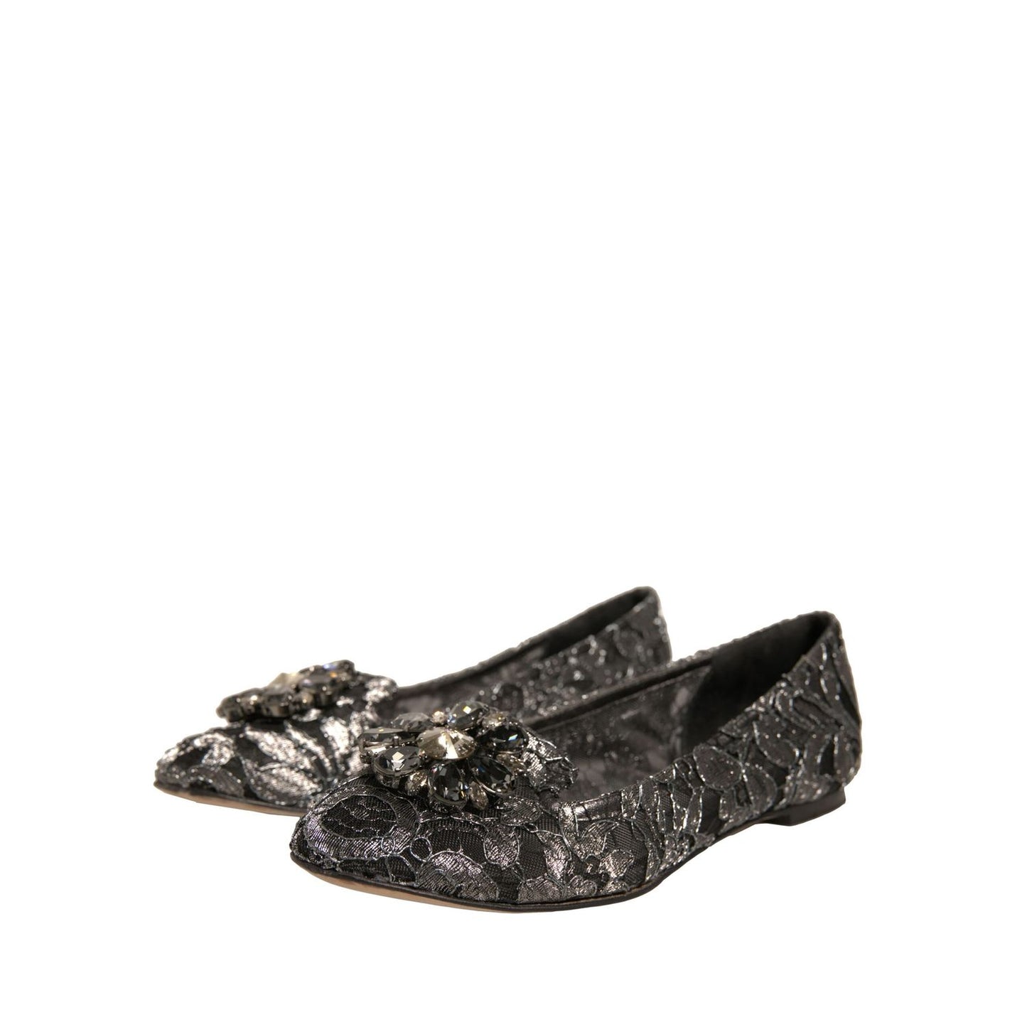 Dolce & Gabbana Silver Crystal Loafer Lace Ballet Flats Shoes