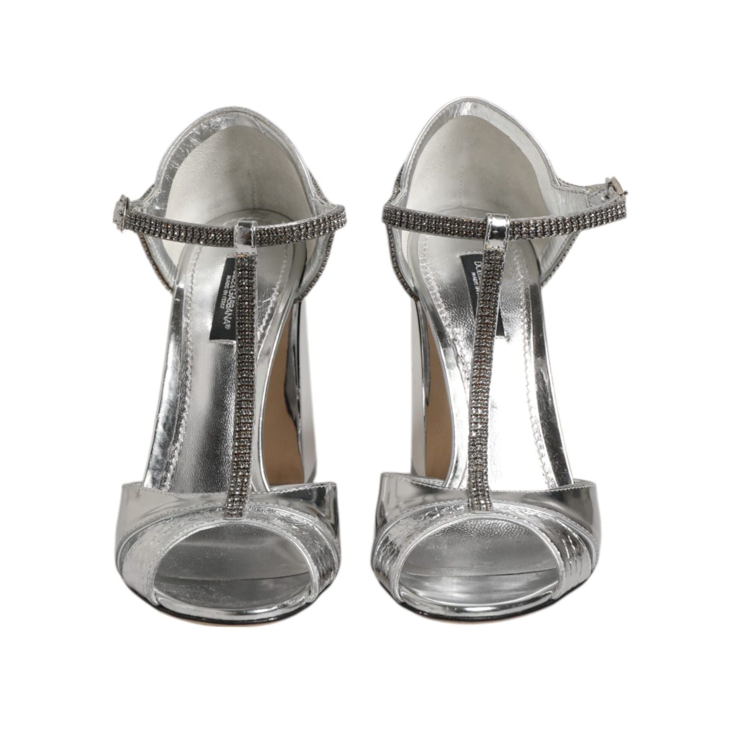 Dolce & Gabbana Silver Leather T-strap Heels Sandals Shoes