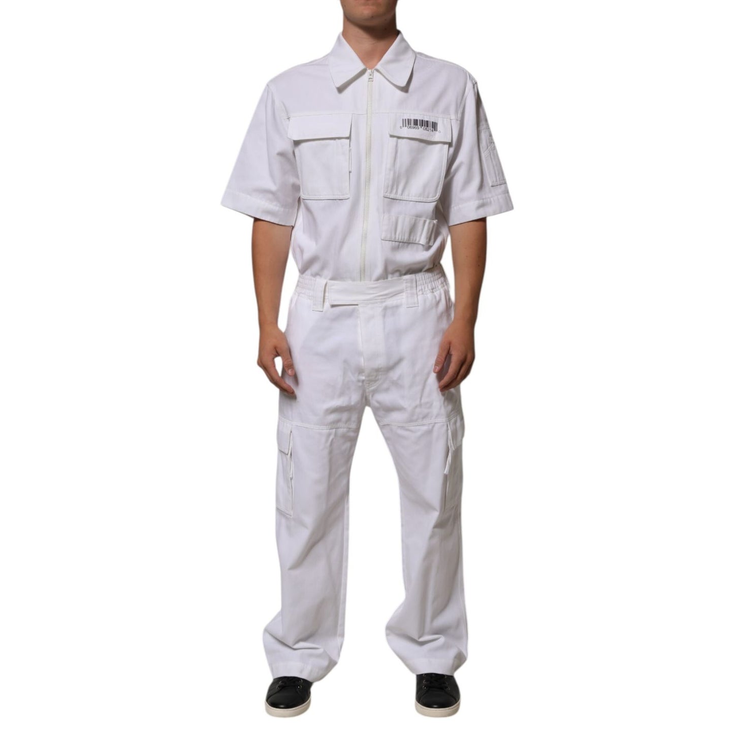 Dolce & Gabbana White Barcode Patch Utility Zip Jumpsuit Pants
