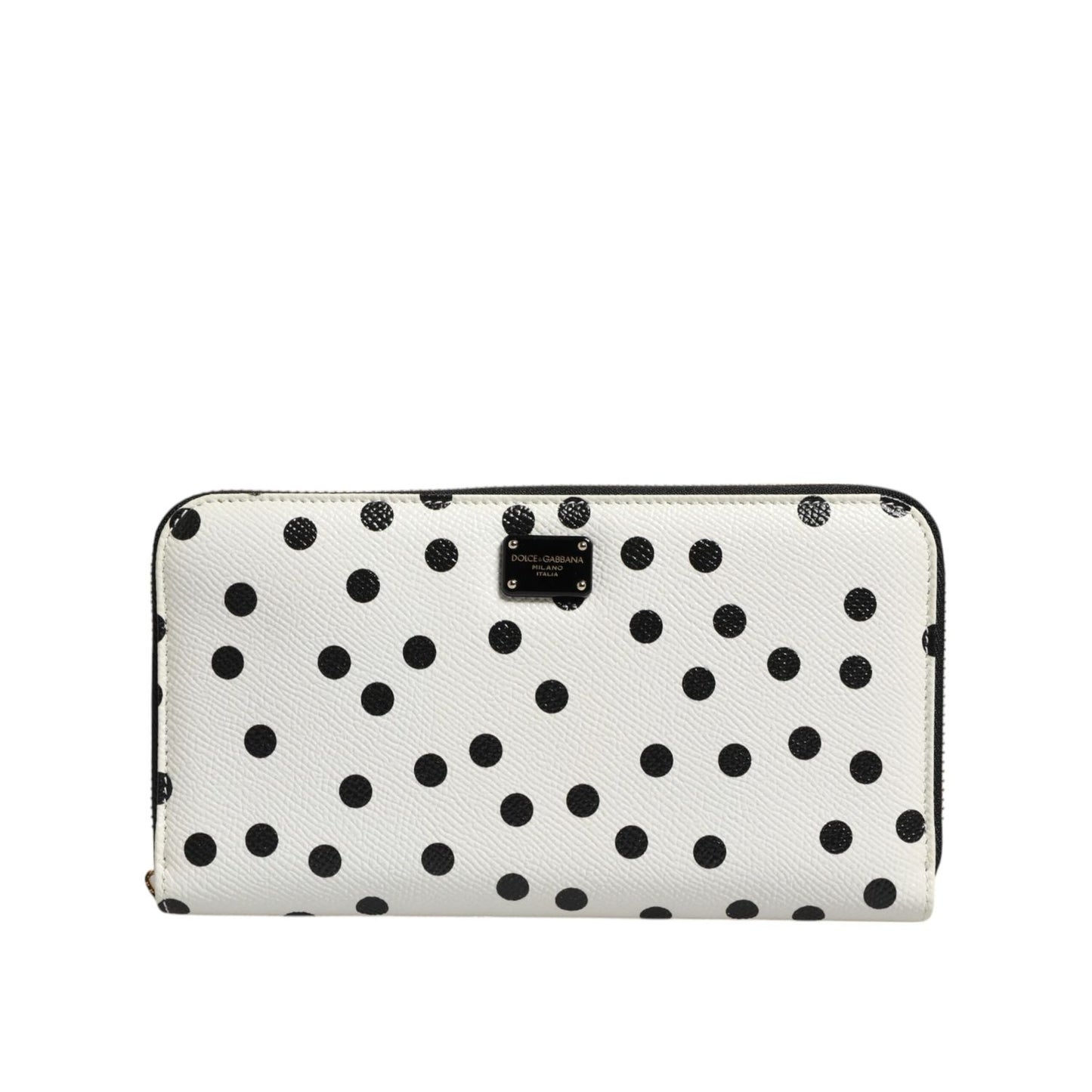 Dolce & Gabbana White Black Dotted Leather Zip Around Continental Wallet