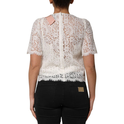 Dolce & Gabbana White Floral Lace Short Sleeves Blouse Top