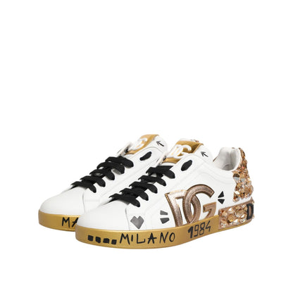 Dolce & Gabbana White Gold Crystal Portofino Sneakers Shoes