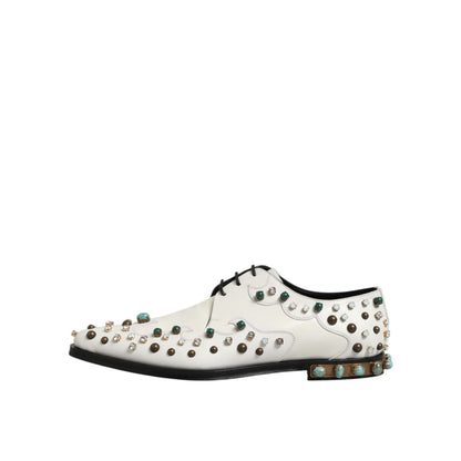Dolce & Gabbana White Leather Crystals Embellished Derby Shoes Dolce & Gabbana