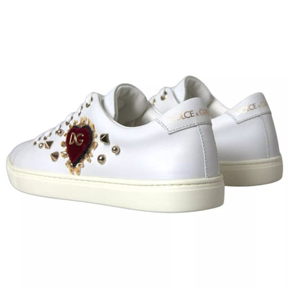 Dolce & Gabbana White Leather Gold Red Heart Sneakers Shoes