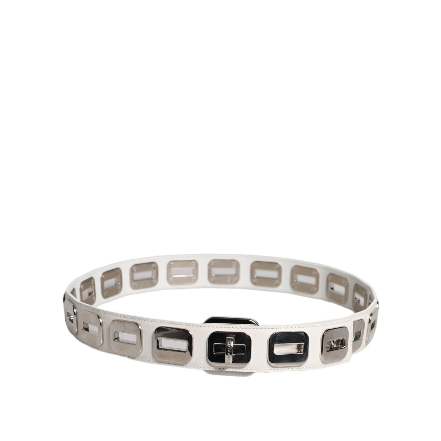 Dolce & Gabbana White Leather Gold Tone Rotating Buckle Belt