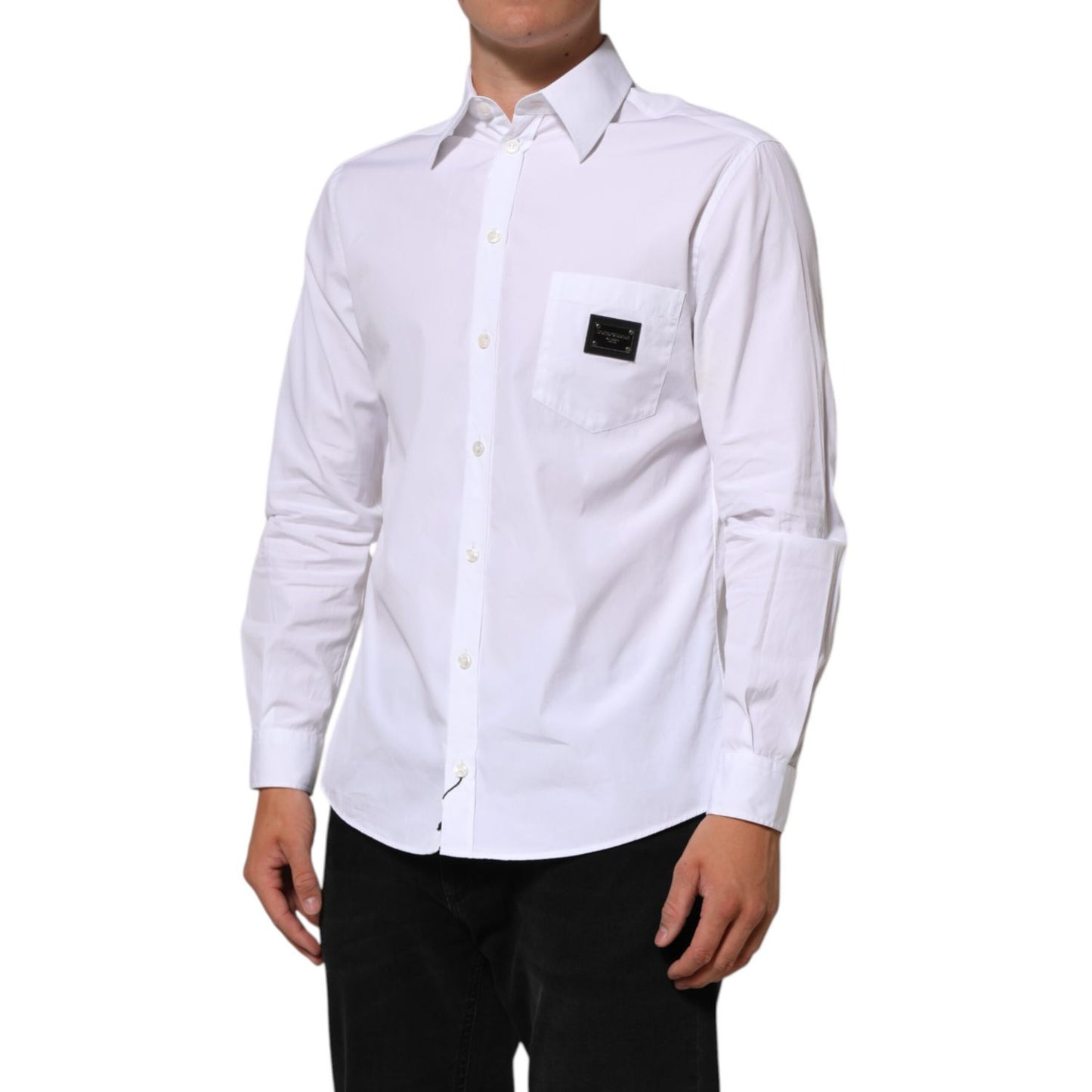 Dolce & Gabbana White Logo Plaque Collared Formal Dress Shirt
