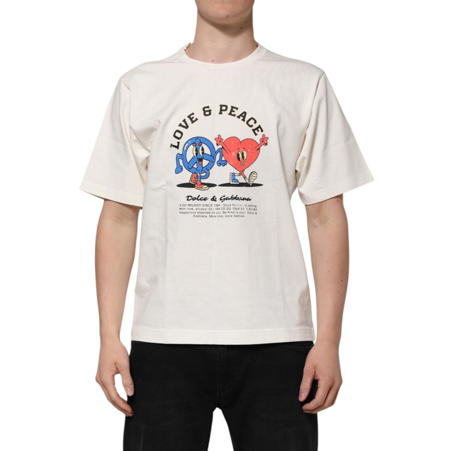 Dolce & Gabbana White Love Peace Cotton Men Crew Neck T-shirt