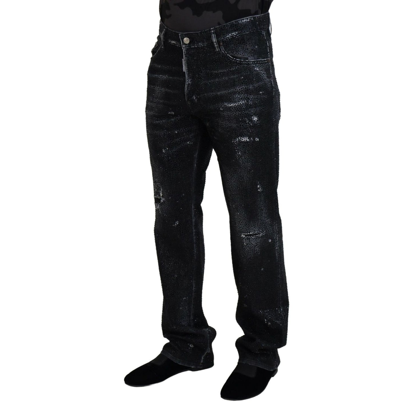 Dsquared² Black Crystal Embellished Tattered Denim Jeans