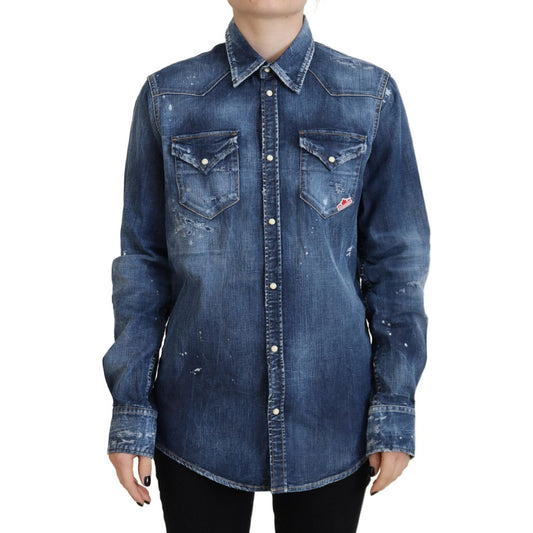 Dsquared² Blue Washed Cotton Button Down Collared Denim Shirt 1728,67345645728,Blue,Clothing,Denim - Shirts - Clothing,Dsquared²,IT38 | XS,Material: 98% Cotton 2% Elastane,Preowned / Defect,Shirts - Clothing,Shirts - Women - Clothing,Women