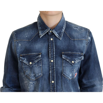 Dsquared² Blue Washed Cotton Button Down Collared Denim Shirt 1728,67345645728,Blue,Clothing,Denim - Shirts - Clothing,Dsquared²,IT38 | XS,Material: 98% Cotton 2% Elastane,Preowned / Defect,Shirts - Clothing,Shirts - Women - Clothing,Women
