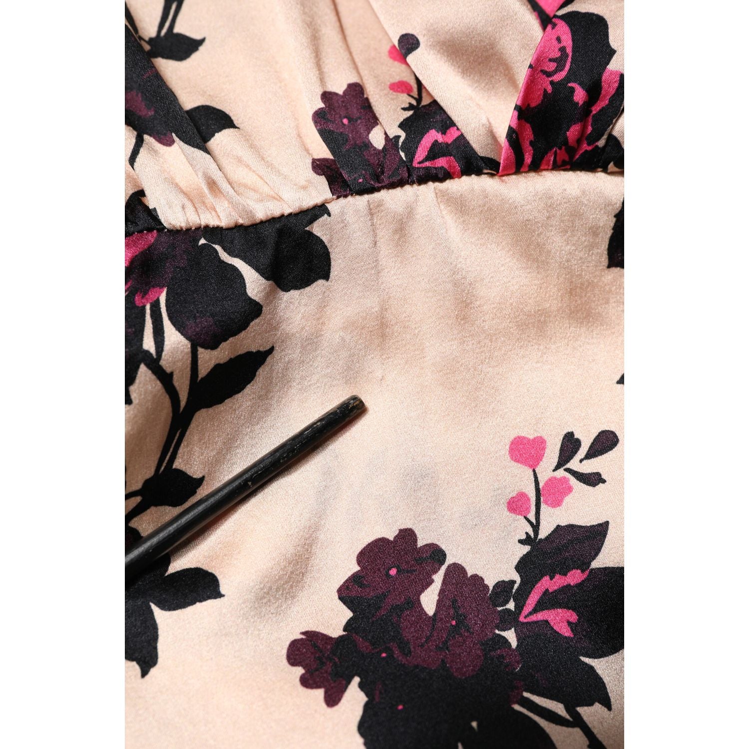 Laneus Pink Floral Silk Long Sleeves V-neck Ruched Mini Dress