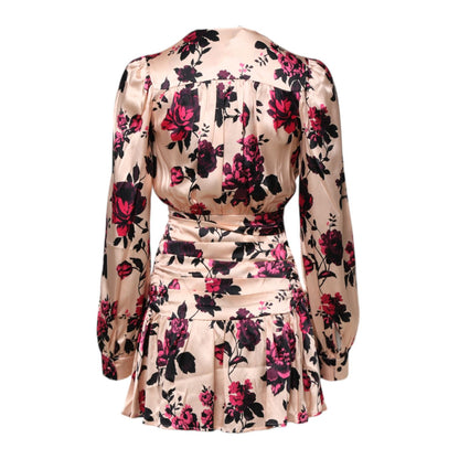 Laneus Pink Floral Silk Long Sleeves V-neck Wrap Mini Dress Laneus