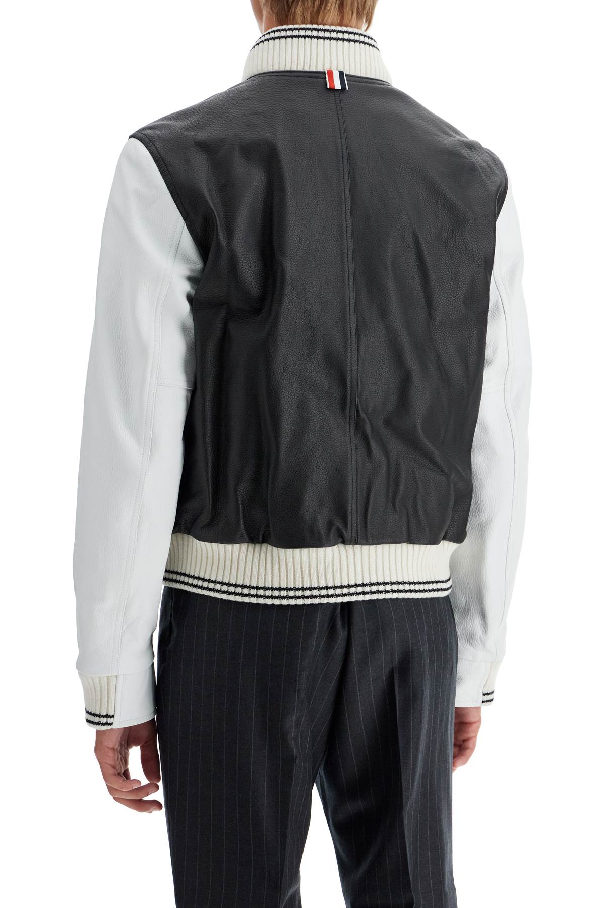 Thom Browne leather varsity bomber jacket