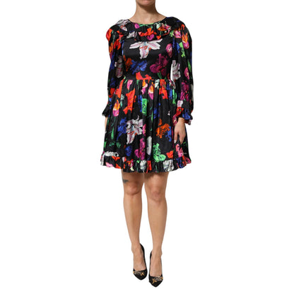MSGM Dress Black Multicolor Floral Ruffle Long Sleeve Mini Dress MSGM