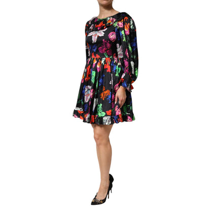 MSGM Dress Black Multicolor Floral Ruffle Long Sleeve Mini Dress MSGM