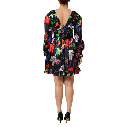 MSGM Dress Black Multicolor Floral Ruffle Long Sleeve Mini Dress MSGM