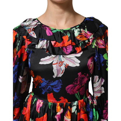 MSGM Dress Black Multicolor Floral Ruffle Long Sleeve Mini Dress MSGM