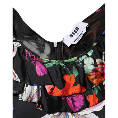 MSGM Dress Black Multicolor Floral Ruffle Long Sleeve Mini Dress MSGM