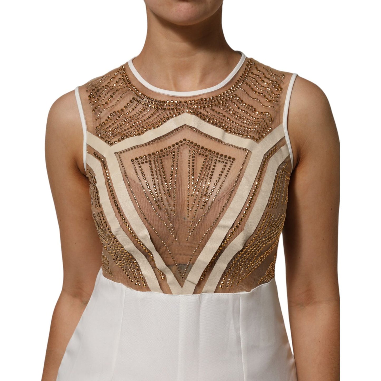Mangano White Beige Mesh Crystal Embellished Sleeveless Jumpsuit Mangano