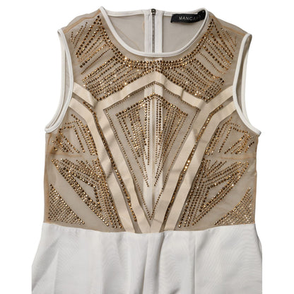 Mangano White Beige Mesh Crystal Embellished Sleeveless Jumpsuit Mangano